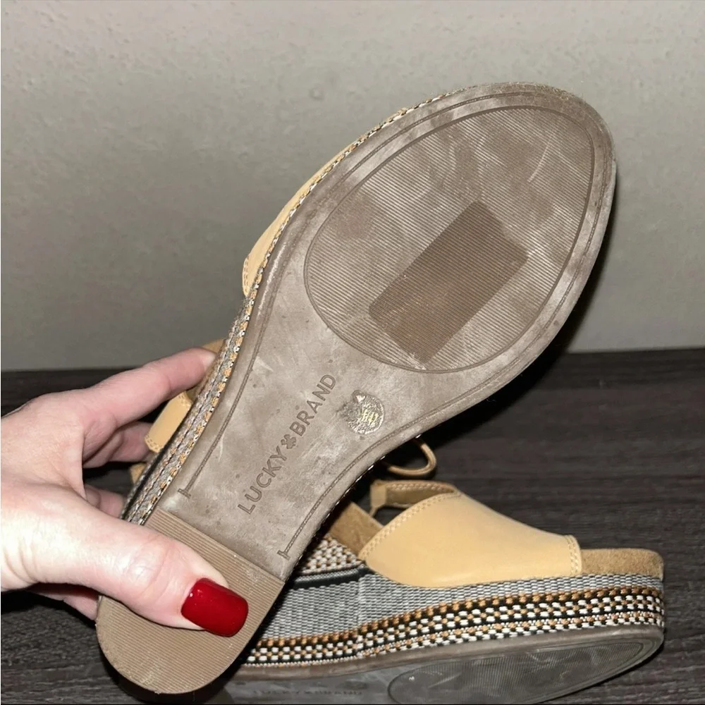 Lucky Brand Yejida Tan Leather Woven Strappy Platform Wedge Sandals Size 10